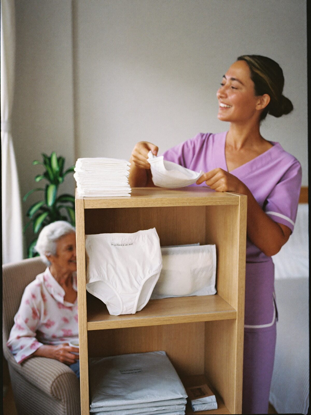 Cuidadora organizando ropa interior absorbente y pañales para adultos en un estante